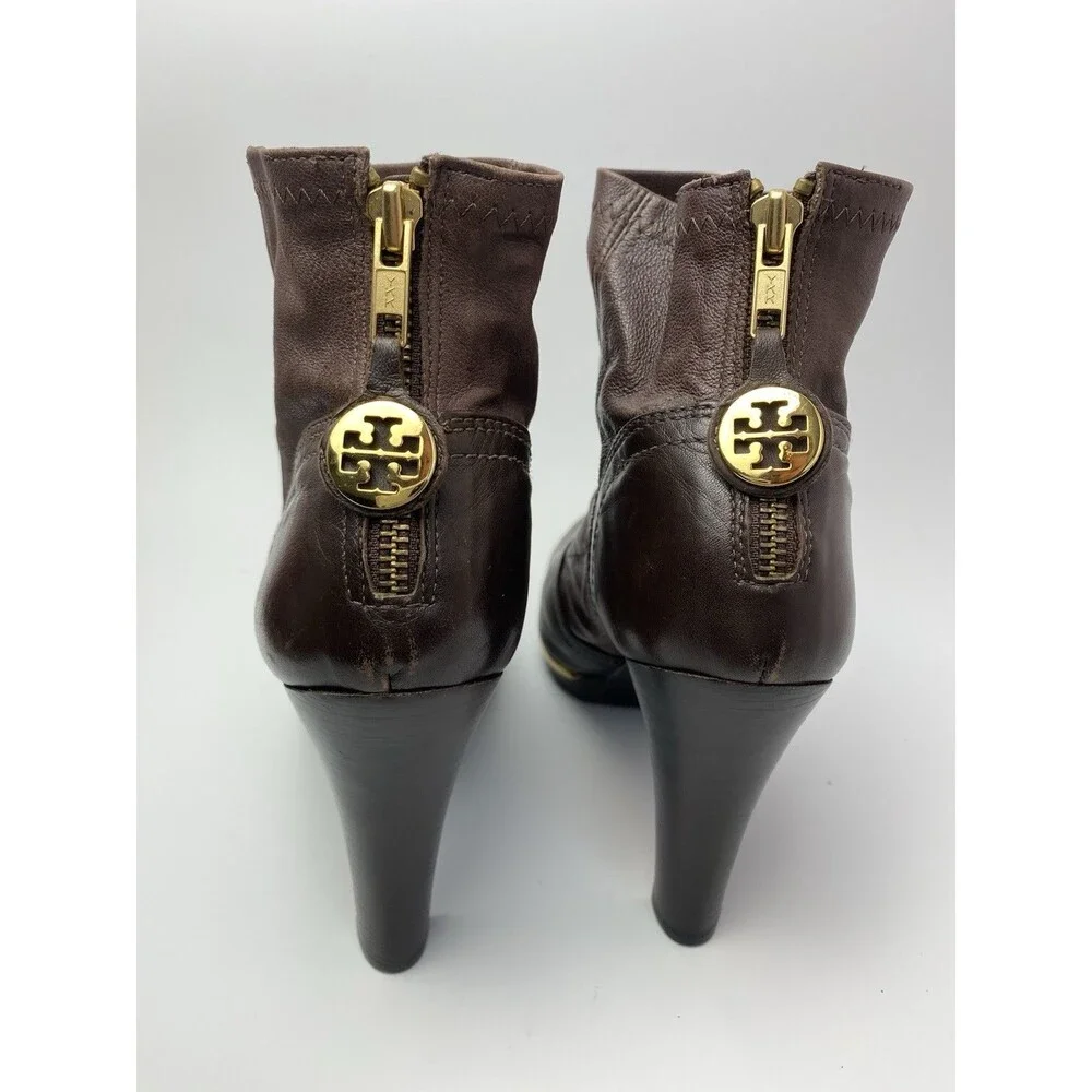 Tory Burch Brown Soft Leather Boots 9.5 M Back Zip Gold Logo & Toe Rim